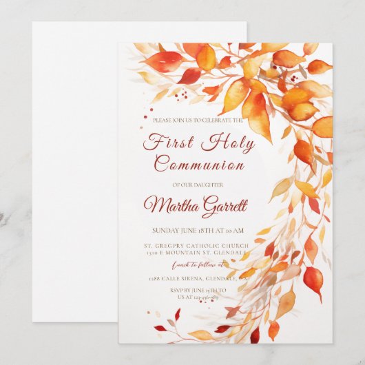 Herfst Bladeren Geel en Rood Eerste Communie Kaart (Voorkant / Achterkant)