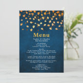 Herfst bladeren goud en marine blauwe bruiloft menu (Staand voorkant)
