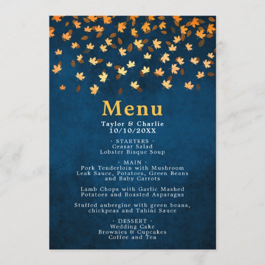 Herfst bladeren goud en marine blauwe bruiloft menu (Voorkant)