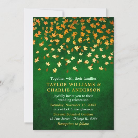 Herfst bladeren Grunge goud en groene bruiloft Kaart (Voorkant)