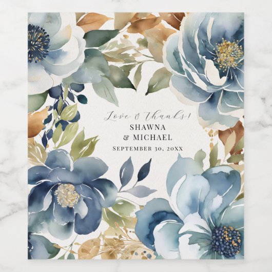 Herfst bladeren herfst bloemenblauw moderne bruilo wijn etiket (Enkel label)