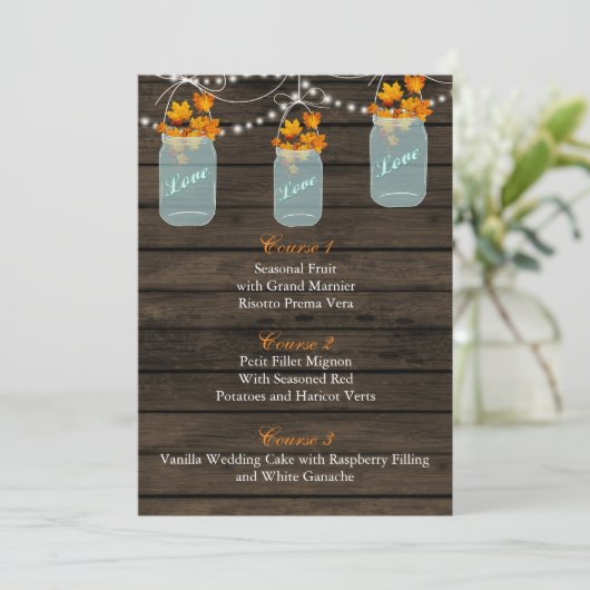 herfst bladeren in een mason jar bruiloft menu (Staand voorkant)
