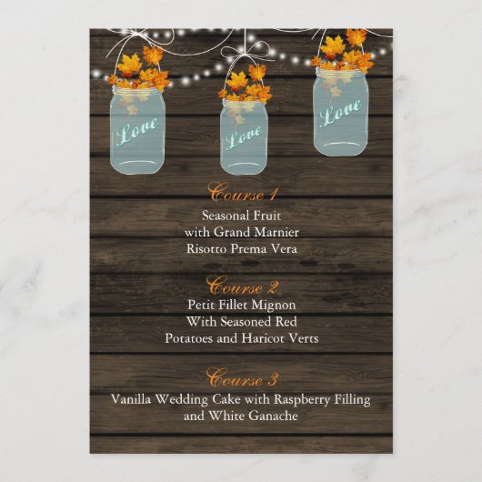 herfst bladeren in een mason jar bruiloft menu (Voorkant)