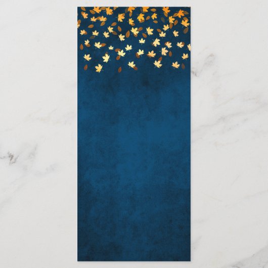 Herfst bladeren marine blauw en gouden bruiloft menu (Achterkant)
