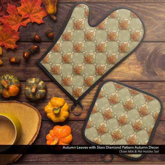 Herfst bladeren met sterren diamanten patroon ovenwant & pannenlap set