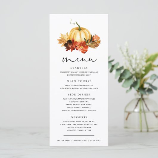 Herfst bladeren Pompoen Thanksgiving Diner Menu (Staand voorkant)
