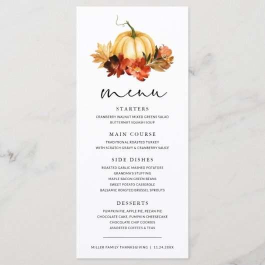 Herfst bladeren Pompoen Thanksgiving Diner Menu (Voorkant)