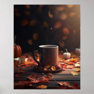 Herfst bladeren pompoenen & koffie poster