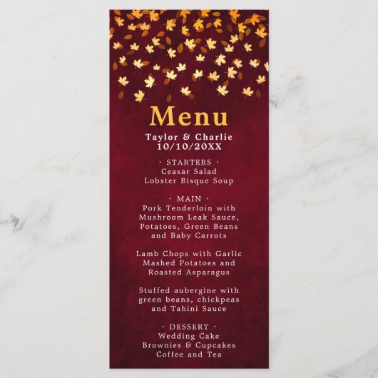 Herfst bladeren rood en goud bruiloft menu (Voorkant)