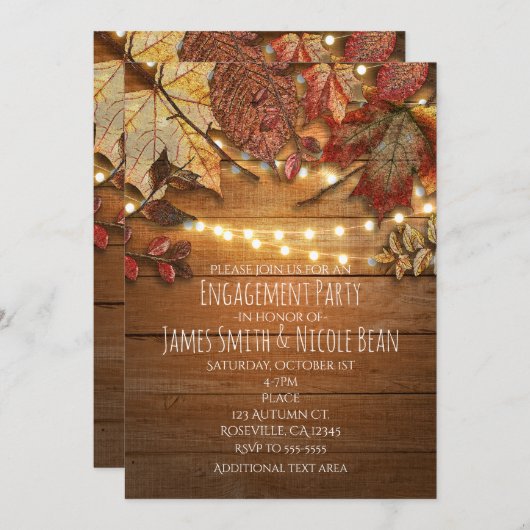 Herfst bladeren & String lichten op rustiek hout Kaart (Voorkant / Achterkant)