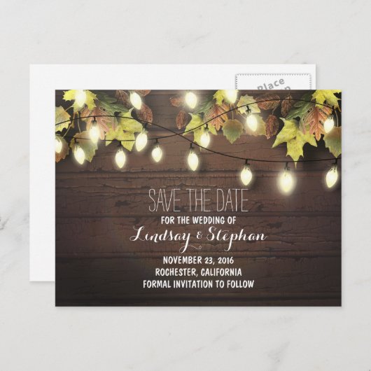 Herfst bladeren & string lichten opslaan van de da aankondigingskaart (Voorkant / Achterkant)