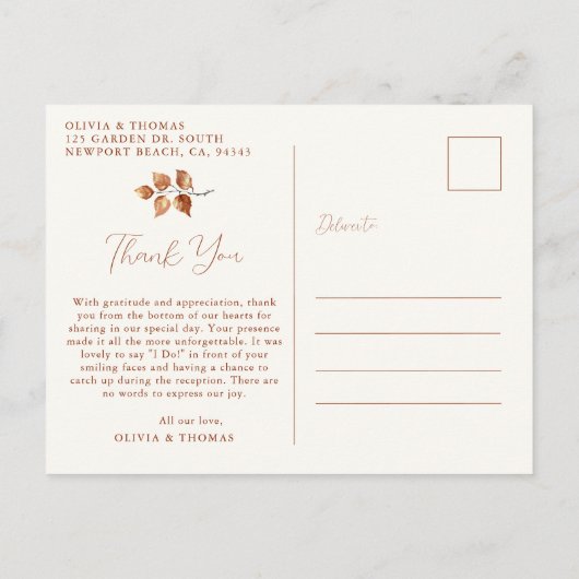 Herfst bladeren Terracotta bruiloft foto dank u Briefkaart (Achterkant)