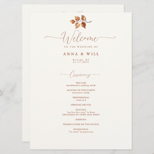 Herfst bladeren terracotta elegante bruiloft cerem programmakaart (Voorkant / Achterkant)