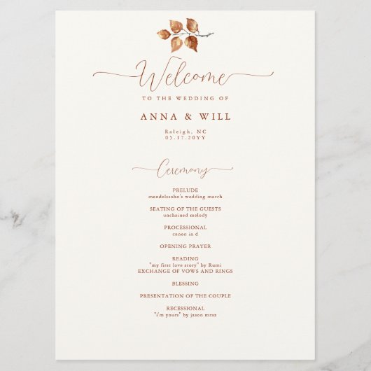 Herfst bladeren terracotta elegante bruiloft cerem programmakaart (Voorkant)