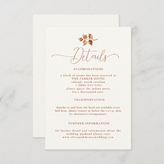Herfst bladeren terracotta elegante bruiloft detai informatiekaartje (Voorkant / Achterkant)