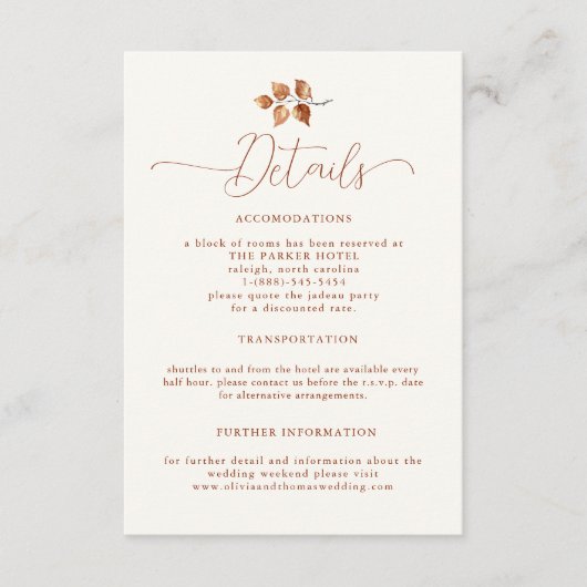 Herfst bladeren terracotta elegante bruiloft detai informatiekaartje (Voorkant)