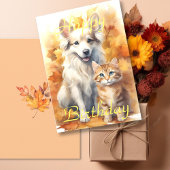 Herfst Bladeren Witte Collie Hond & Tabby Kitten Kaart