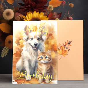 Herfst Bladeren Witte Collie Hond & Tabby Kitten Kaart