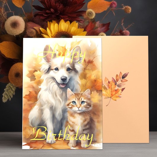Herfst Bladeren Witte Collie Hond & Tabby Kitten Kaart