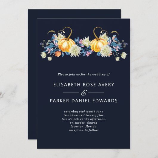 Herfst Blauw Bloemen Pompoen Bruiloft Uitnodiging (Voorkant / Achterkant)