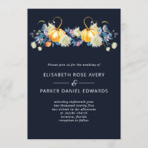 Herfst Blauw Bloemen Pompoen Bruiloft Uitnodiging