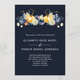 Herfst Blauw Bloemen Pompoen Bruiloft Uitnodiging