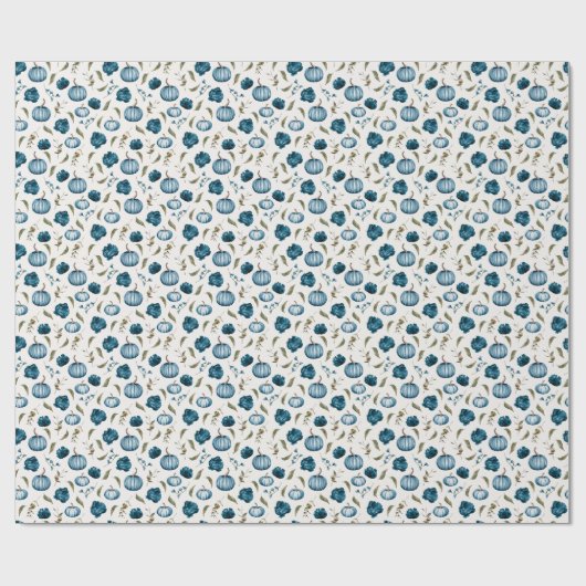 Herfst Blauw Bloemen Pompoen Patroon Cadeaupapier (Vlak)