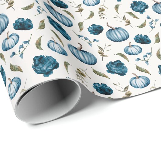 Herfst Blauw Bloemen Pompoen Patroon Cadeaupapier (Rol Hoek)