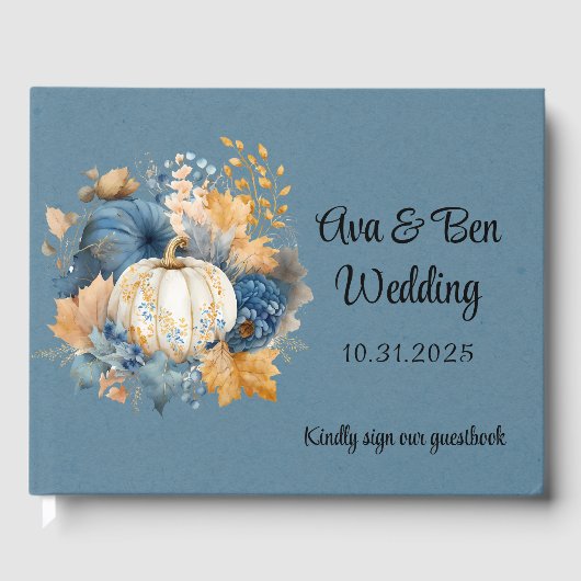 Herfst Blauw en Sinaasappel Pumpkin Peony Wedding Gastenboek (Voorkant)