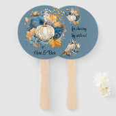 Herfst Blauw en Sinaasappel Pumpkin Peony Wedding Handwaaier (Voorkant en achterkant)