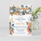 Herfst Blauw en Sinaasappel Pumpkin Peony Wedding Kaart (Staand voorkant)