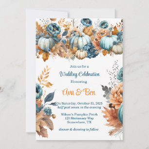 Herfst Blauw en Sinaasappel Pumpkin Peony Wedding Kaart