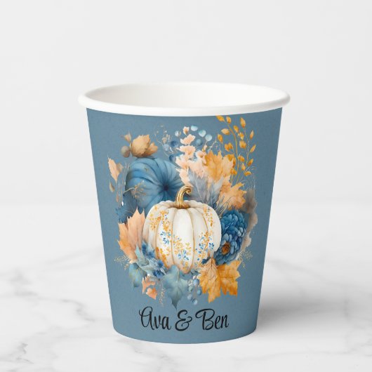 Herfst Blauw en Sinaasappel Pumpkin Peony Wedding Papieren Bekers (Voorkant)