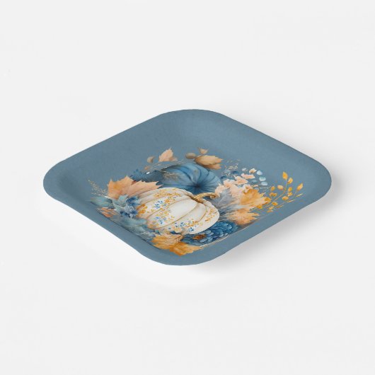 Herfst Blauw en Sinaasappel Pumpkin Peony Wedding Papieren Bordje