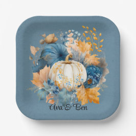 Herfst Blauw en Sinaasappel Pumpkin Peony Wedding Papieren Bordje