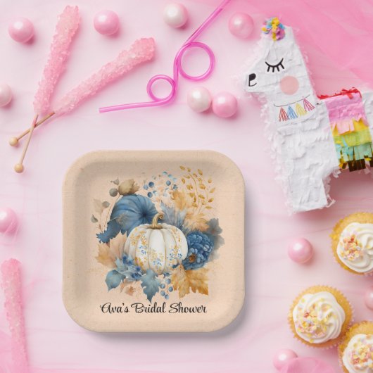 Herfst Blauw en Sinaasappel Pumpkin Peony Wedding Papieren Bordje (Feest)