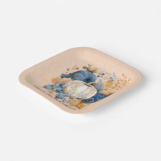 Herfst Blauw en Sinaasappel Pumpkin Peony Wedding Papieren Bordje (Gebogen)