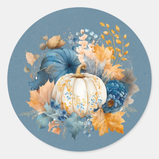 Herfst Blauw en Sinaasappel Pumpkin Peony Wedding Ronde Sticker (Voorkant)