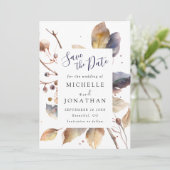 Herfst Blauw Goud Bladeren Waterverf Christelijk B Save The Date (Staand voorkant)