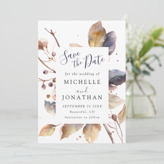 Herfst Blauw Goud Bladeren Waterverf Christelijk B Save The Date (Staand voorkant)
