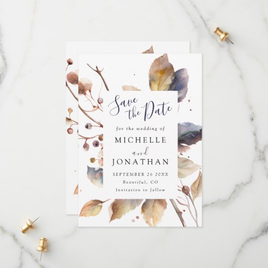 Herfst Blauw Goud Bladeren Waterverf Christelijk B Save The Date (Voorkant / Achterkant in situ)