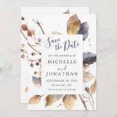 Herfst Blauw Goud Bladeren Waterverf Christelijk B Save The Date (Voorkant / Achterkant)