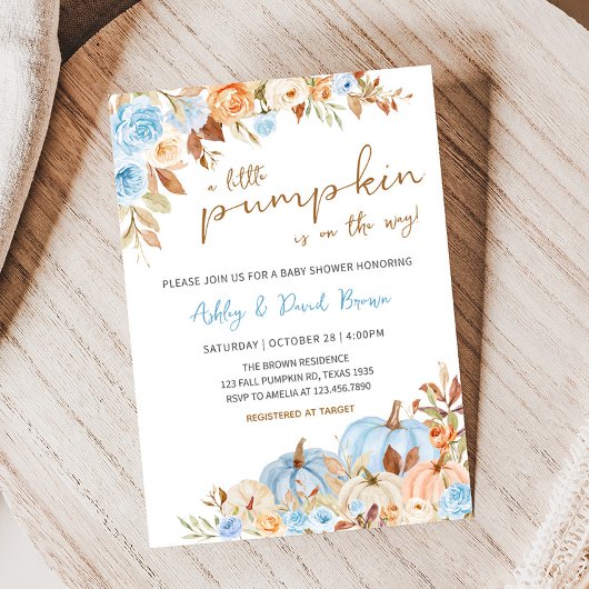 Herfst Blauw pompoen Baby shower Kaart