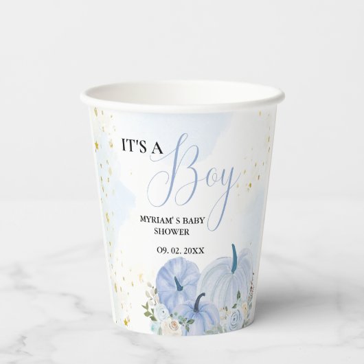 Herfst Blauw Pompoen Bloemen Jongen Baby shower Papieren Bekers (Achterkant)