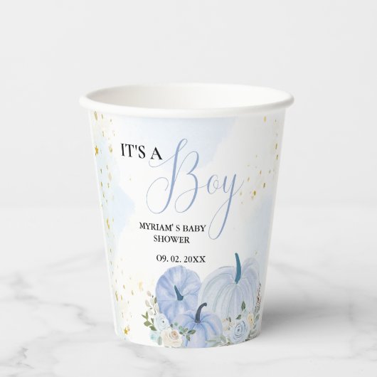 Herfst Blauw Pompoen Bloemen Jongen Baby shower Papieren Bekers (Voorkant)