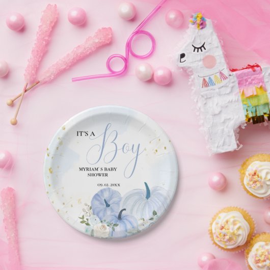 Herfst Blauw Pompoen Bloemen Jongen Baby shower Papieren Bordje (Feest)