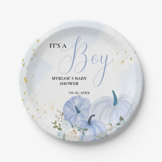 Herfst Blauw Pompoen Bloemen Jongen Baby shower Papieren Bordje (Voorkant)