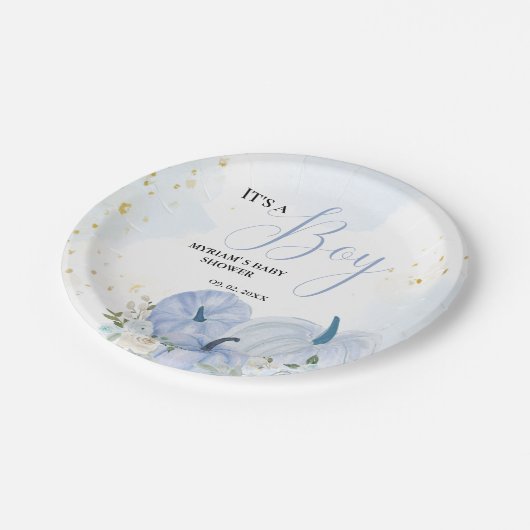 Herfst Blauw Pompoen Bloemen Jongen Baby shower Papieren Bordje (Gekanteld)