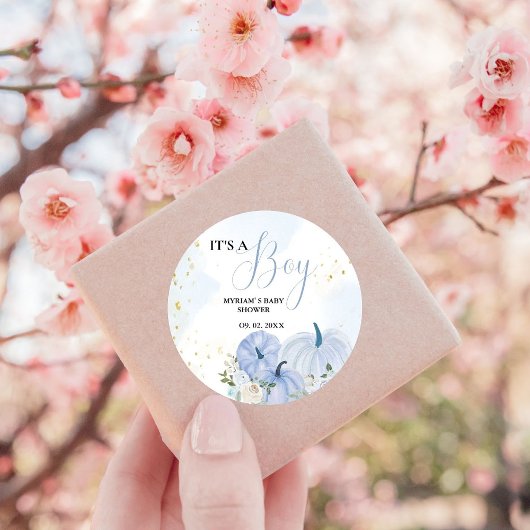 Herfst Blauw Pompoen Bloemen Jongen Baby shower Ronde Sticker