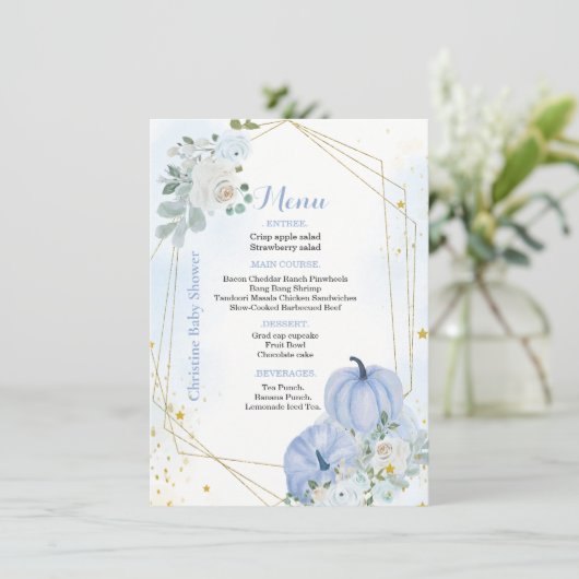 Herfst Blauw Pompoen Jongen Baby shower Party Menu Kaart (Staand voorkant)
